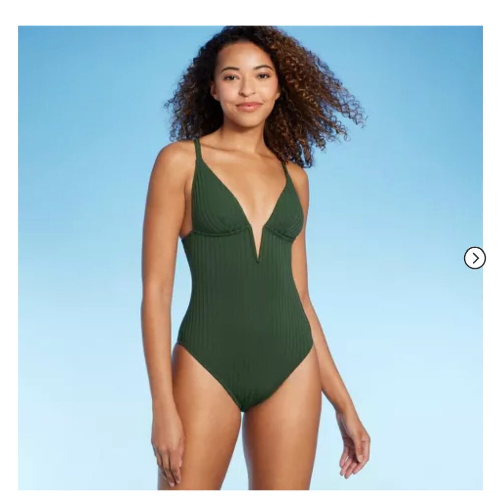 Dark Green V cut one piece swim suit